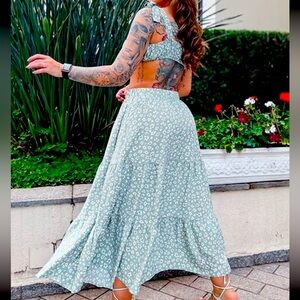 Floral Green Maxi Skirt and crop top set